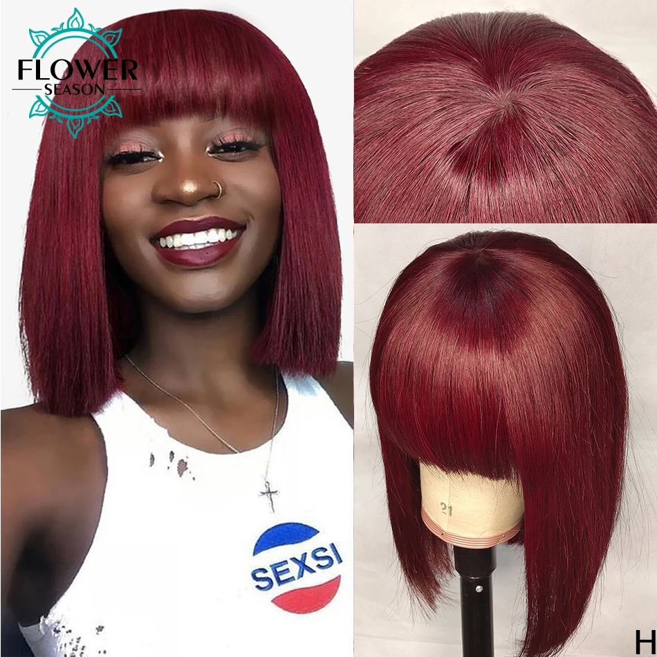 Burgundy Bob Human Hair Wigs With Bangs 99j Colored Bang Wig Short Brazilian Full Machine Made Scalp Top Wig 150% Flowerseason