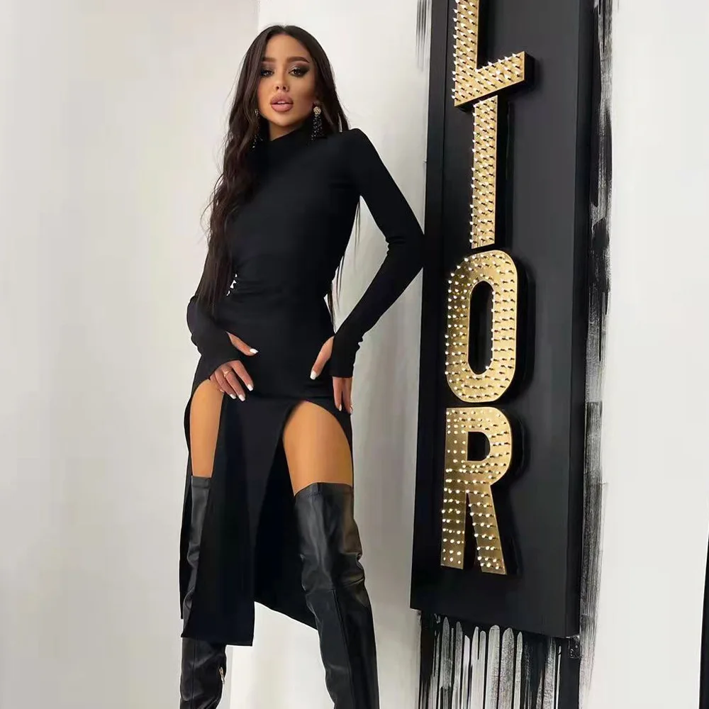 

Новинка, весеннее трикотажное платье, женское однотонное длинное платье с высокой талией и разрезом, соблазнительное облегающее платье с в...