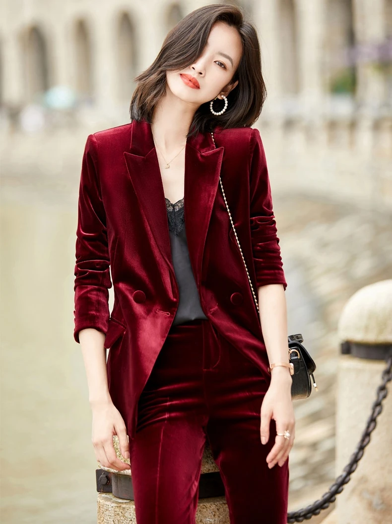 Высокое качество Вельветовая формальная форма дизайн женские брючные костюмы с