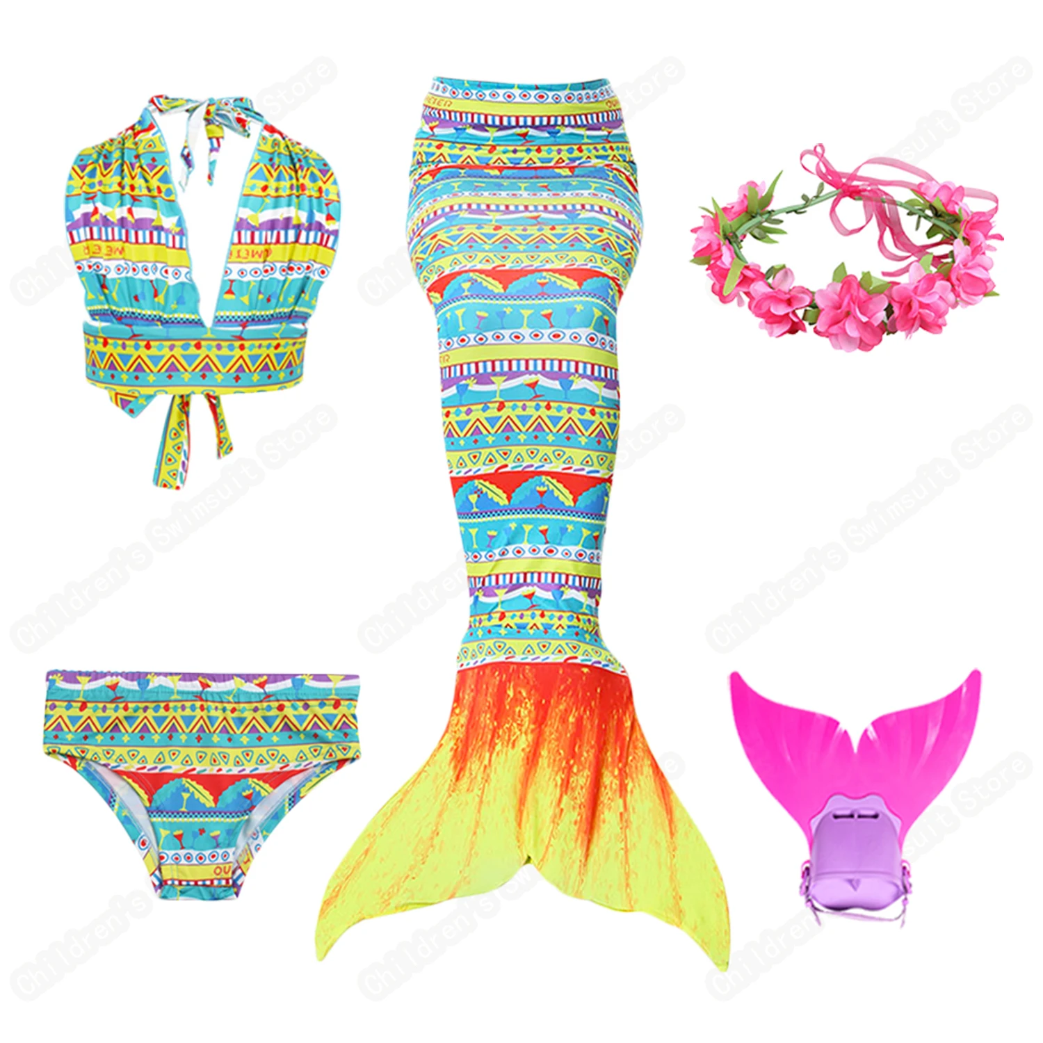 

Детский купальник с хвостом Русалочки Cosfans, летний раздельный купальник для девочек, костюм с монолитными плавниками и венком