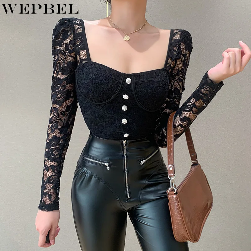 

WEPBEL Women's Sexy Solid Color Lace Square Collar T-shirt Spring Summer Long Sleeve Backless Slim Single Breasted T-shirt Top