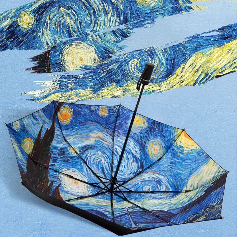 

Van Gogh Sunflowers Oil Painting Sun/Rain Female Automatic Umbrella Three Folding Anti Ultraviolet Black Gum Windproof Umbrella