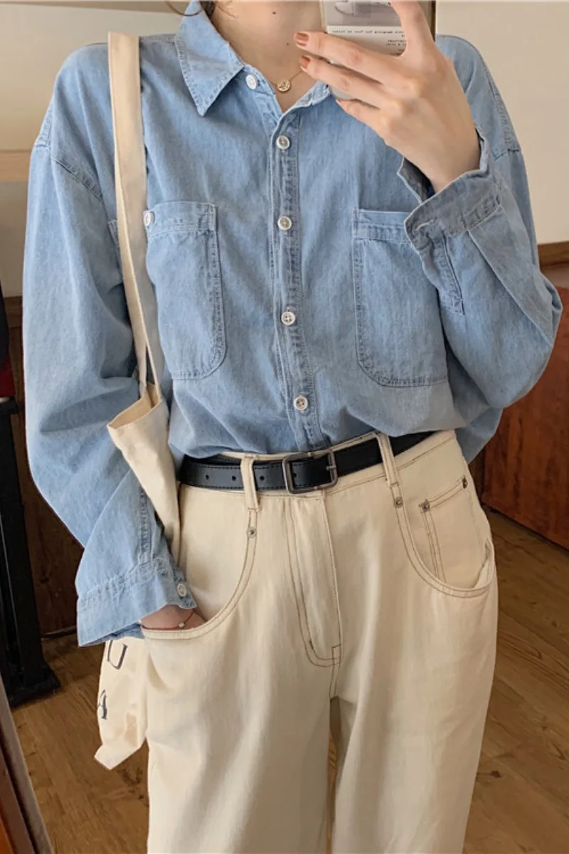 

Spring Autumn Chic Fresh Style Denim Shirts Women Korean Vintage Turn-down Collar Pure Color All Match Cotton Blusas for Student