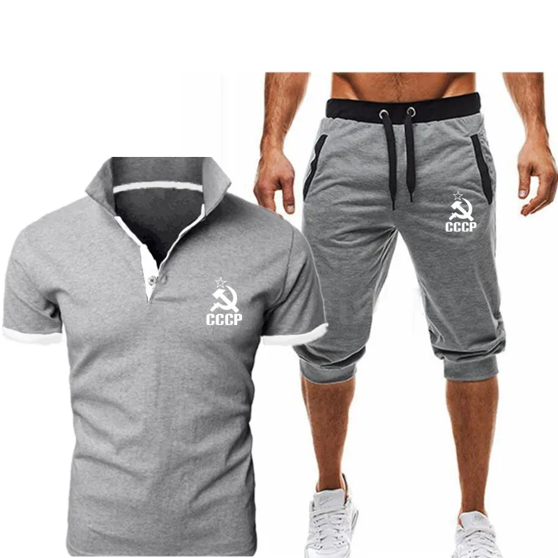 

2020Soviet UnionCCCPfashion two piece T-shirt + Shorts Set men's summer Lapel top T-shirt high quality Russian men's T-shirt set