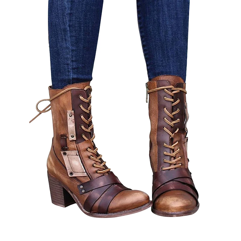 

Женские сапоги до середины икры в стиле панк, сапоги на платформе и высоком каблуке с цветами, осенние женские сапоги на шнуровке и толстой п...