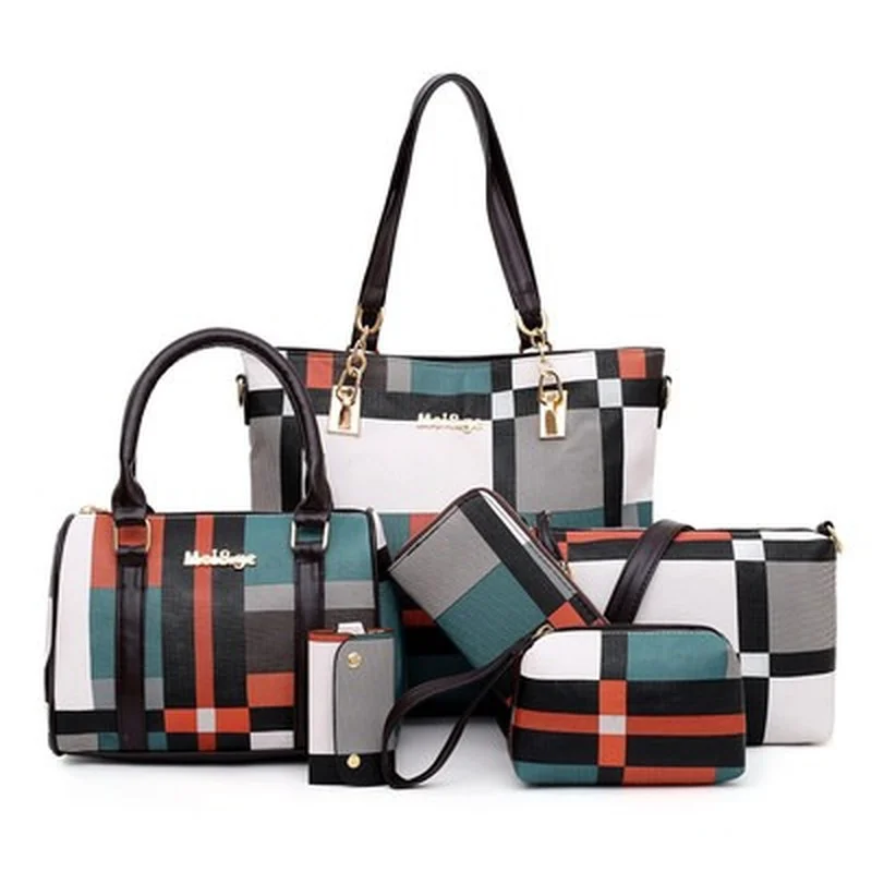 

6PCS Handbags High Quality Luxury Handbags Composite Bag Set Brand Plaid Tassel Women Bags Handbags Composite Bag