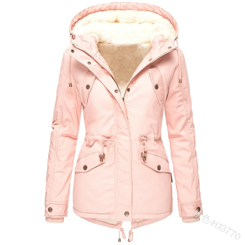 

coat classic New women's solid color cotton dress hooded drawstring waistband thickened cotton in autumn winter 2019