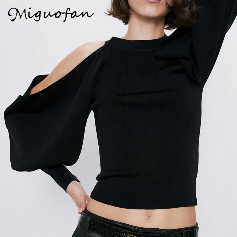 Женский вязаный свитер Черный Повседневный Свободный пуловер с рукавом летучая