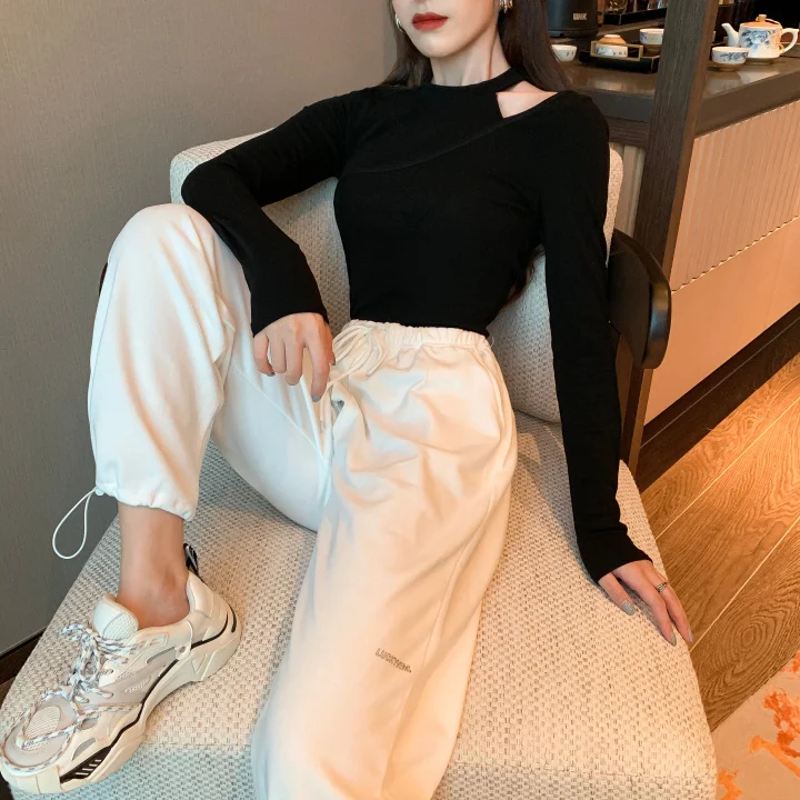 

Hollow Out Women T-Shirts Fashion O-neck Solid Slim Crop Top Long Sleeve Tees Female Hipster Autumn Spring New Korean Style