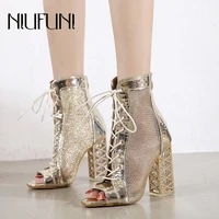 niufuni crystal thick high heels woman sandals boots mesh cross straps peep toe women shoes transparent metal ankle boot lace up