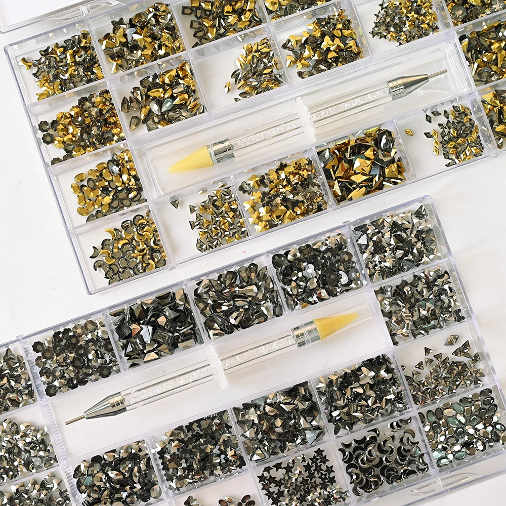 

1000pcs/Box/5-12mm/ Nail Rhinestones Diamond Crystals Stones+ 1Point Drill Pen Manicure Nails Art Decorations Accessories Set#ZB