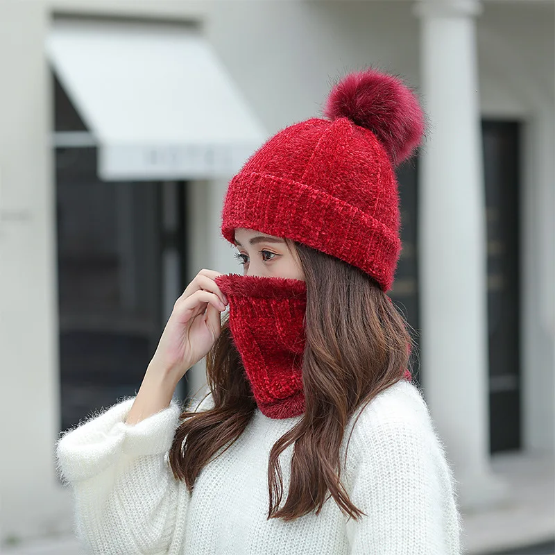 Hat Scarf Set Winter Women Plus Velvet Thick Warm Outdoor Sport Chenille Knit Hat And Scarf Korean Female Beanies Caps F24810AD