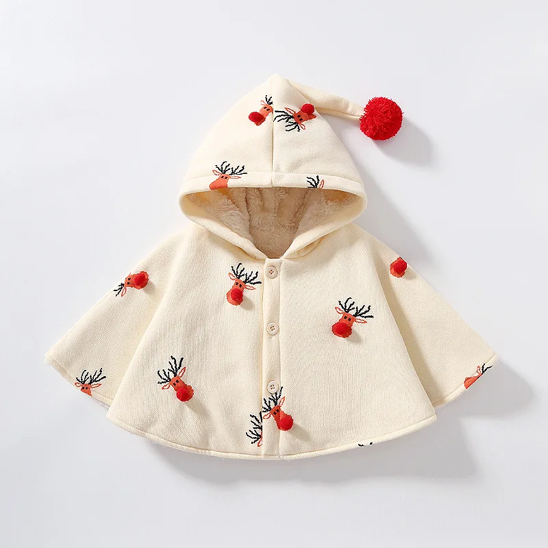 

Baby Cloak Autumn And Winter 2021 New Cartoon Christmas Elk Plus Velvet Warmth Thick Windproof Cloak Out Jacket Girl Clothes