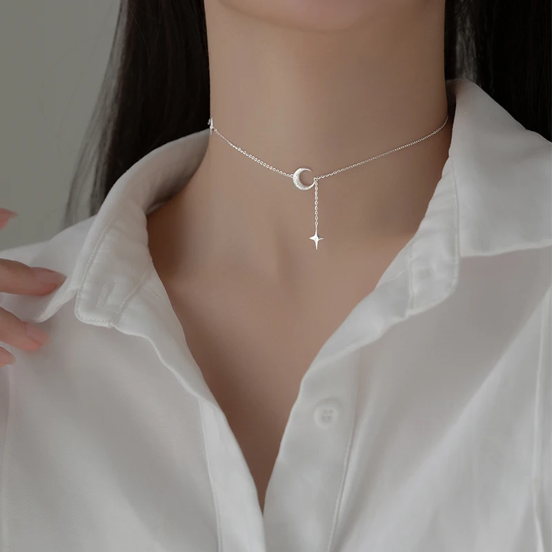 

Adjustable Star Moon Pendant Necklace Real 925 Sterling Silver Women Girl Clavicle Chain Elegant Frosted Choker Wedding Jewelry