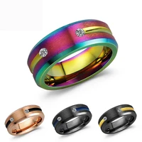 8mm mens rainbow groove beveled edge black stainless steel ring rainbow matte finish zircon inlay ring mens wedding band
