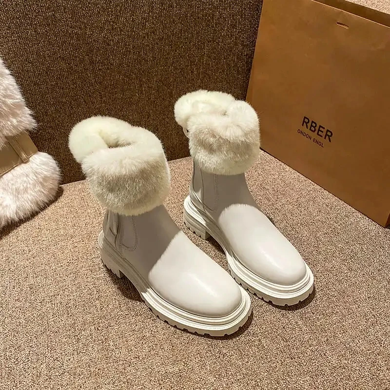 

Winter Fashion Rabbit Fur Ankle Boots Women's Soft PU Leather Chelsea Boots Hedging Boots Plus Velvet Thick-soled Warm Boots