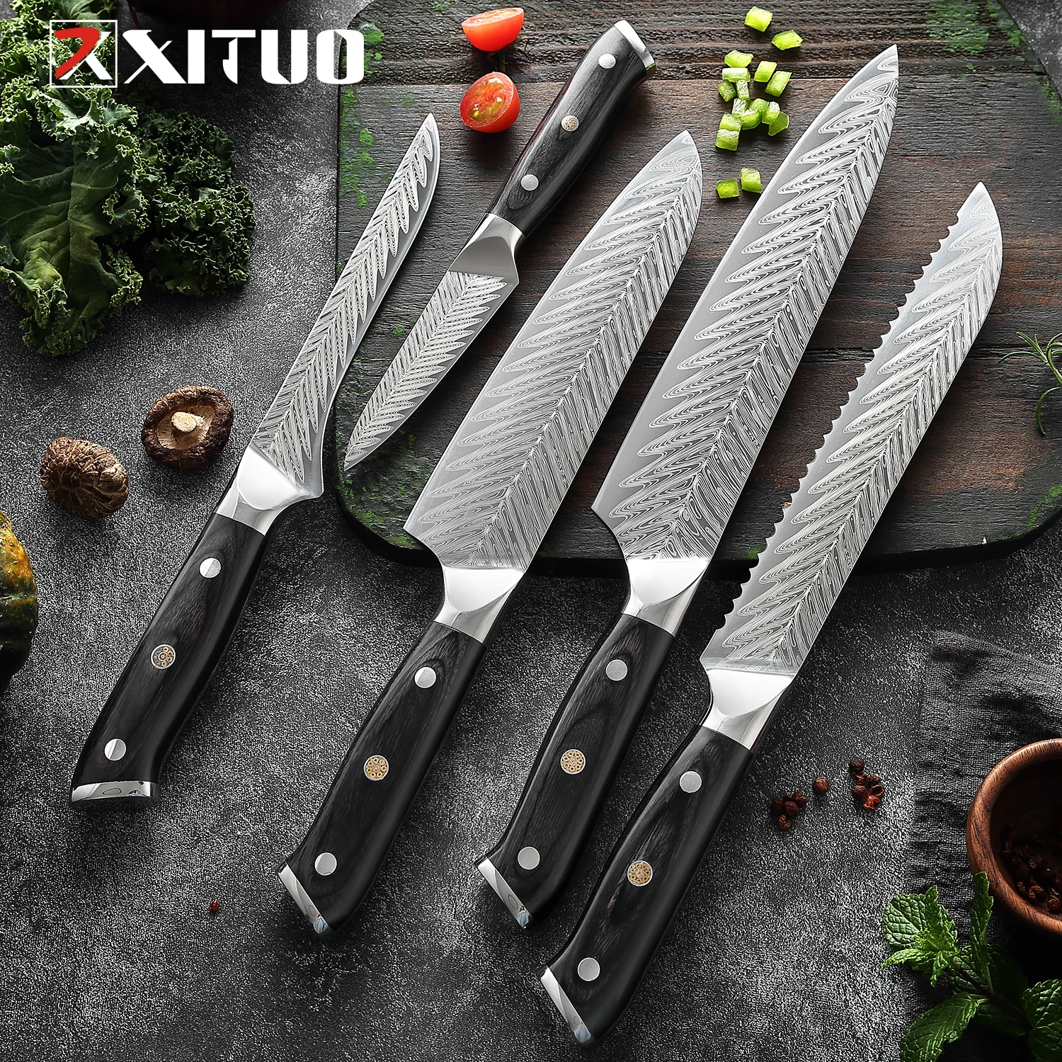 

Профессиональный шеф-нож XITUO 7cr17, кухонный инструмент из нержавеющей стали с заклепками и нескользящей ручкой, с узором в виде рыбьей кости