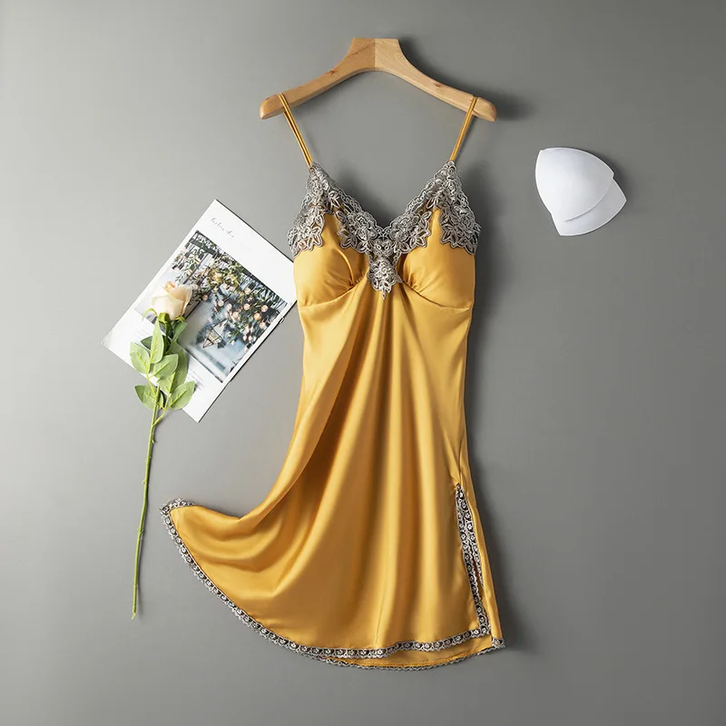

Spaghetti Strap Nightdress Lace Intimate Lingerie Women Nightgown Sexy Satin Sleep Dress Soft Home Dressing Gown Sleepwear