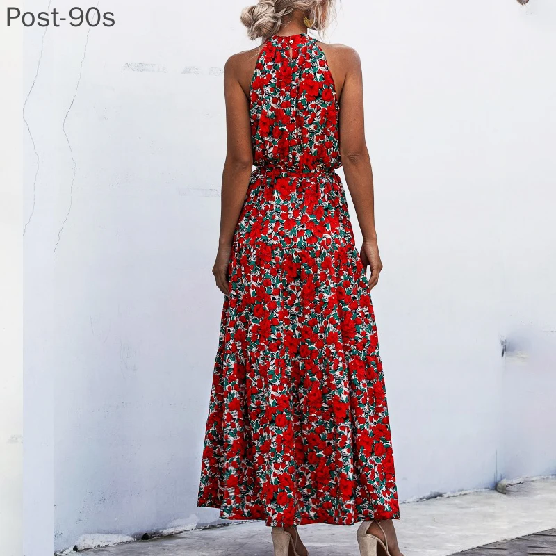 

Summer Elegant beach Women Dress long Print Flowers Polka-dot strap Ladies Halter boho Dress Vintage party ladies Dress
