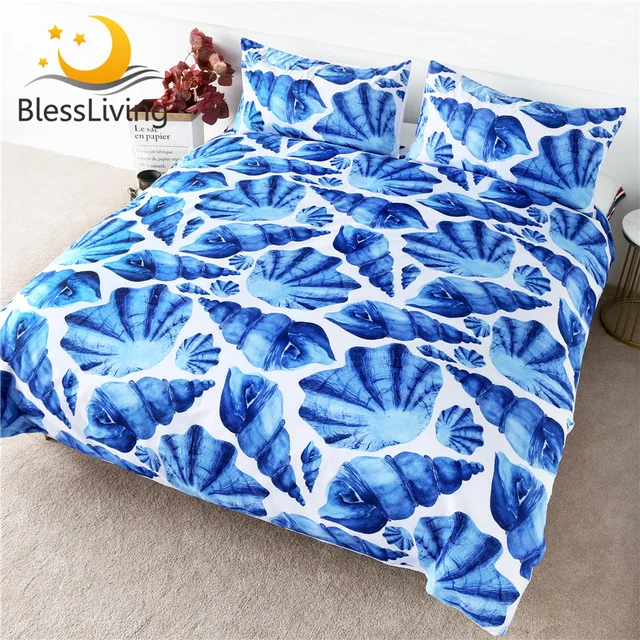 BlessLiving Seashell Bedding Set Conch Duvet Cover Set Watercolor Blue and White Home Textiles Ocean Beach Theme Bedclothes 3pcs 1