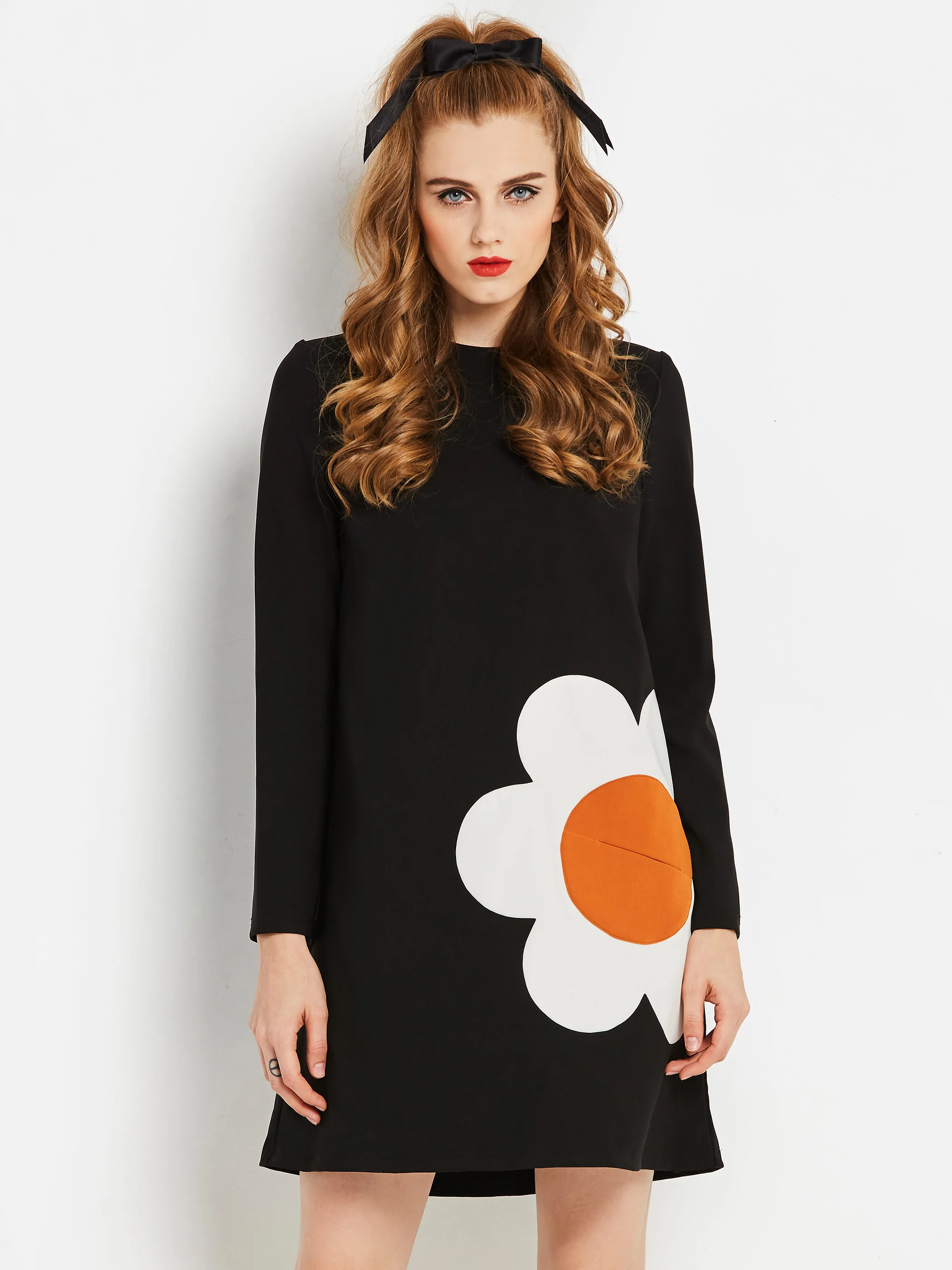 Весенние повседневные платья женские милые цветочные аппликации карманы черные