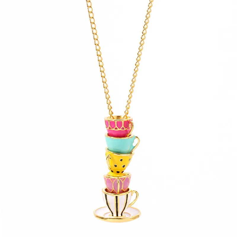 

1Pcs Tea Cups Stack Pendant Necklace Hand Made Sweater Chain Creative Stereoscopic Enamel Jewelry Long Necklace For Women Girl
