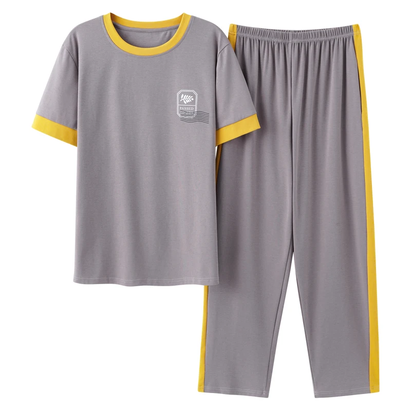 ATOXY Men's Pajamas Set Summer Leisure Elastic Waist Male Sleepwear Cotton Short Sleeve Nightwear Print Top Long Pant Homewear
