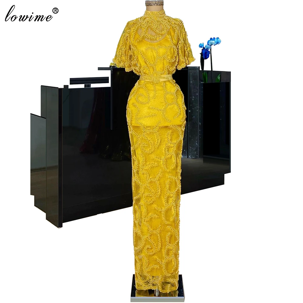 

Dubai Plus Size Yellow Evening Dresses Heavy Handmade Formal Prom Dress Party Vestidos De Fiesta De Noche Sukienki Women Gowns