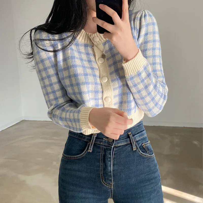 

Свитер женский короткий в клетку, с круглым вырезом и длинным рукавом, весна-осень