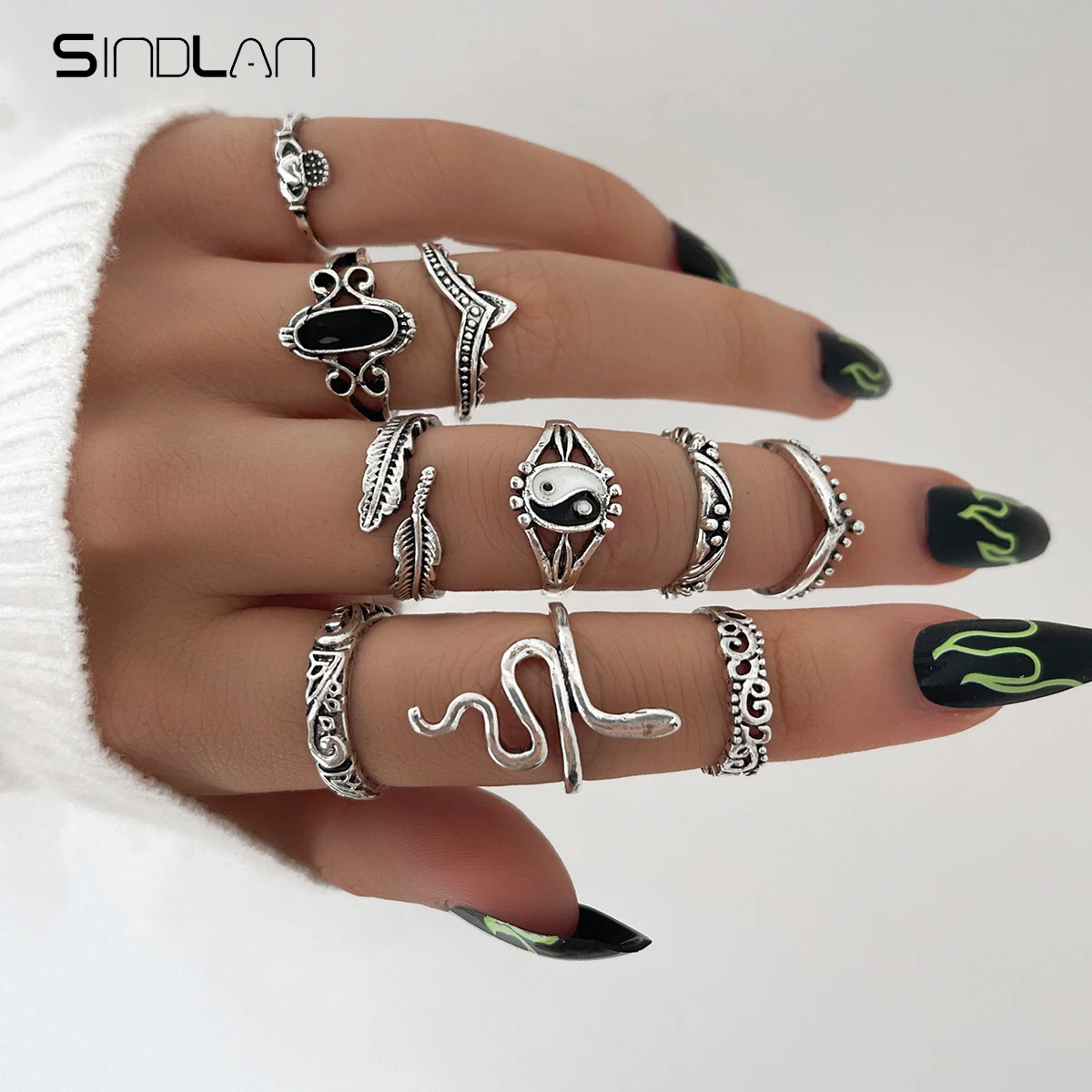 

Sindlan 10Pcs Punk Silver Color Snake Rings for Women Vintage Tai Chi Feather Couple Emo Za Fashion Jewelry Anillos Mujer Bague
