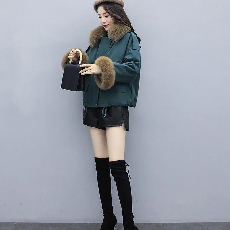 

Women 2020 Winter Natural Fox Fur Collar Cotton Padded Coat Female Thick Warm Short Jacket Parkas Casual Loose Outerwear L793