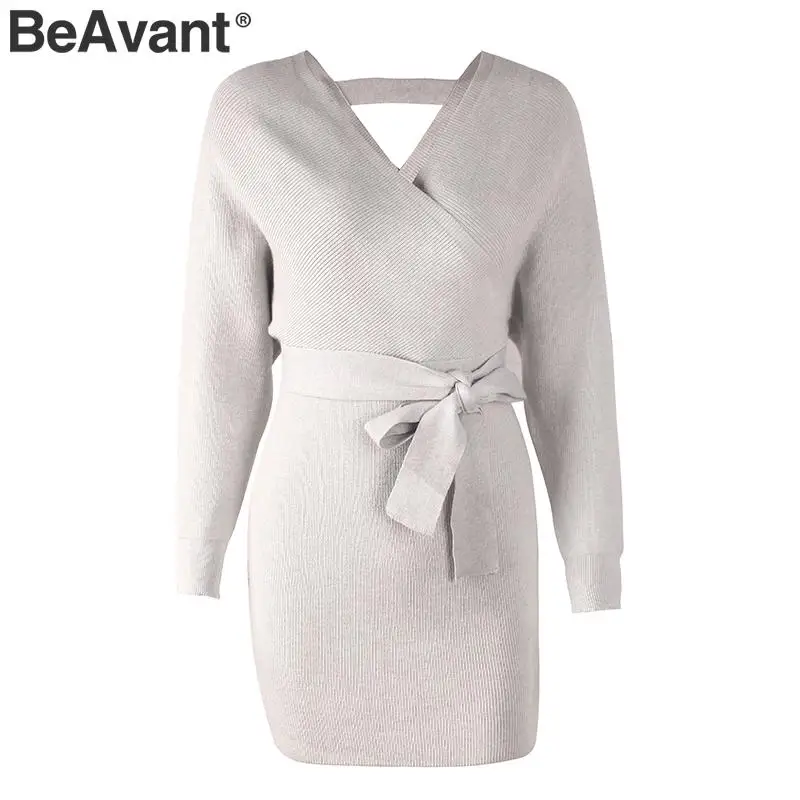BeAvant, сексуальное женское платье-свитер с v-образным вырезом, платье с высокой талией и поясом, вязаное платье, элегантное женское осеннее зимнее винтажное короткое платье - Цвет: Серый