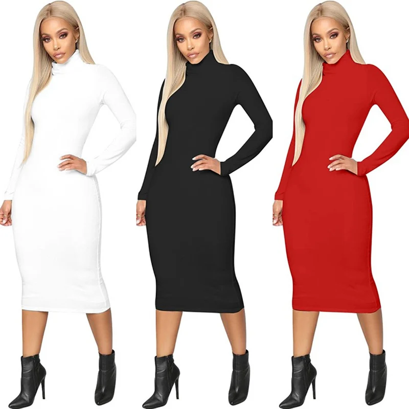 Nadafair Водолазка с длинным рукавом облегающее сексуальное миди платье Vestidos