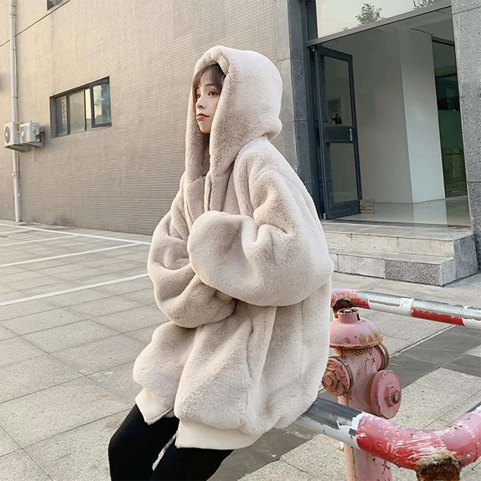 

Womens Plush Fleece Coat Autumn Winter Hooded Loose zipper Imitating Rabbit Grass Mid-length Casual Ladies Thick Coat Parka #40