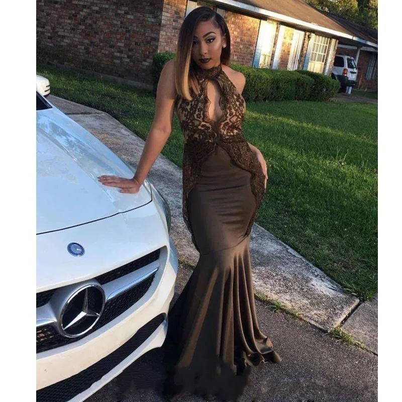 

Halter Neck 2020 Mermaid Prom Dresses Lace Appliques Keyhole Satin Special Occasion Dress Evening Wear Party Gowns