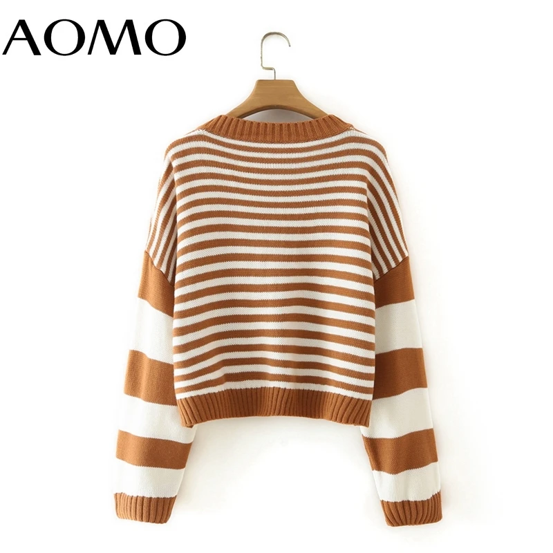 

AOMO Women Striped Oversized Knitted Sweater Jumper V Neck Female Pullovers Chic Tops 2M99A