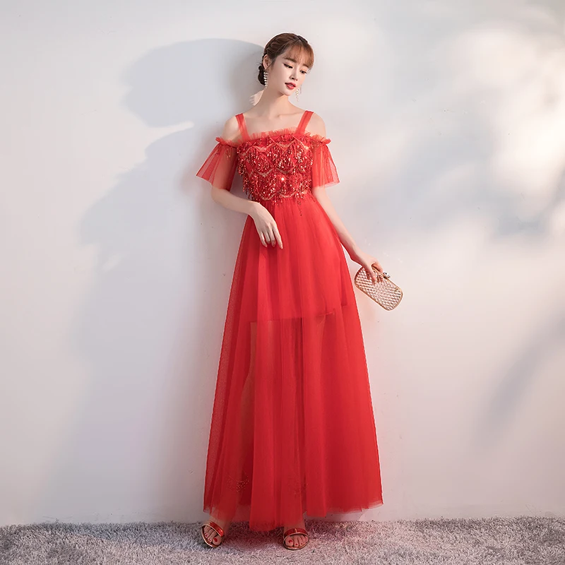 Vestido, элегантное платье подружки невесты, свадебное, вечернее, без рукавов, расшитое блестками, тюль, модное, Дамское, сексуальное, для выпускного вечера, женское платье, красное, для невесты