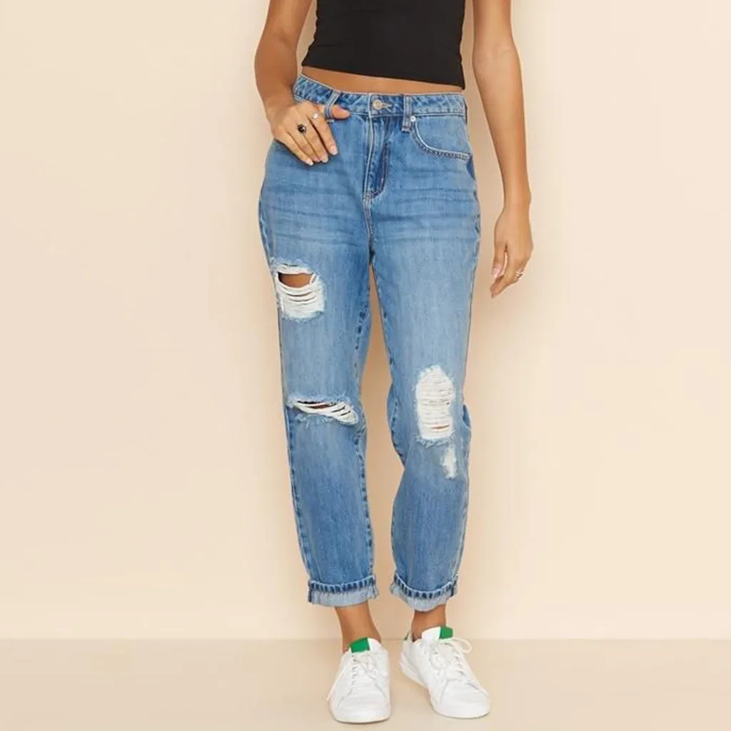 2020 Blue Ripped Distressed Boyfriend Ankle Denim Jeans Women Casual Summer Autumn Plain Straight Leg Pants Spring Trousers #3 | Женская