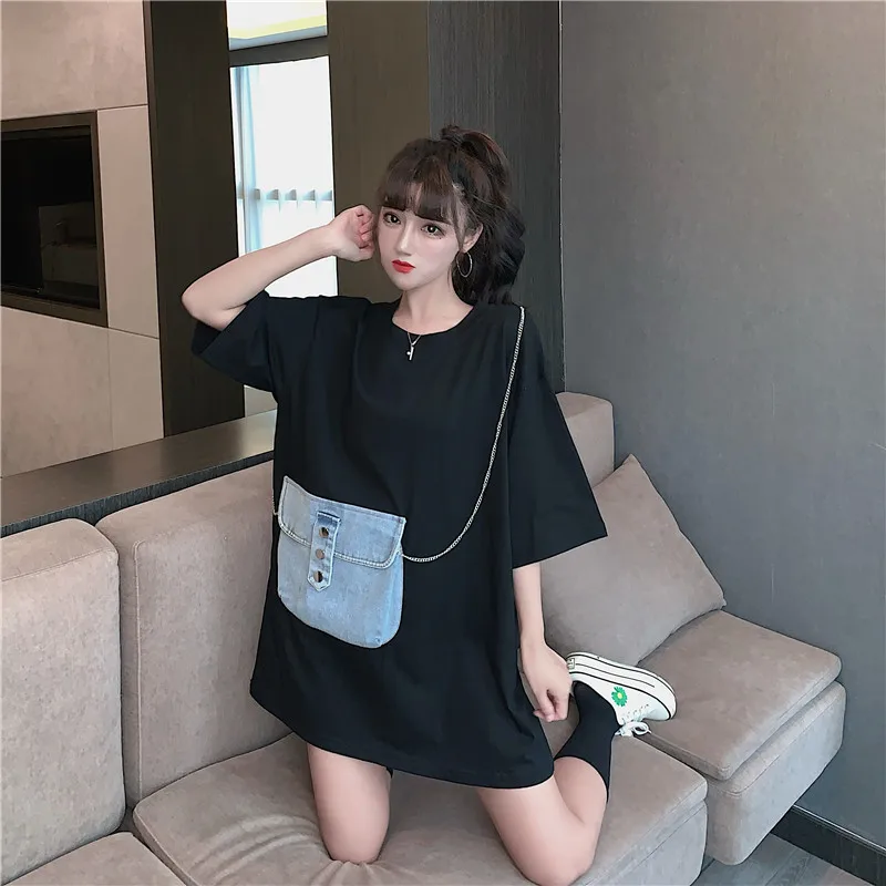 Женская джинсовая футболка на молнии свободная средней и длины с коротким