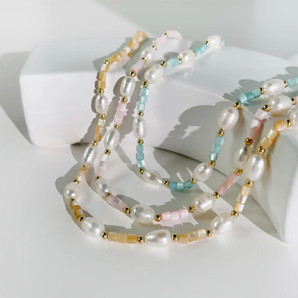 

Minar Dainty Irregular Freshwater Pearl Acrylic Beaded Chain Necklace Rainbow Beaded Chokers Necklaces for Women Birthday Gifts