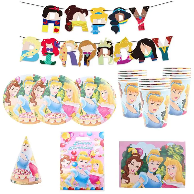 

Disney Three Princess Birthday Party Decoration Tablecloth Christmas Flag Family Party Cup Plate Napkin Disposable Tableware Set