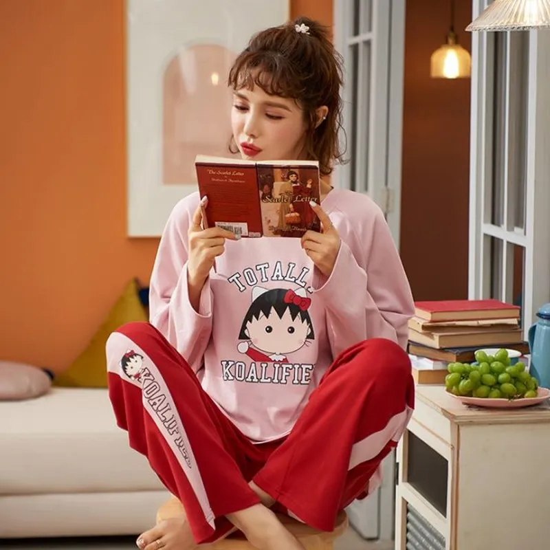 Japan Anime Autumn Cotton Pajamas for Women Cute Night Sleepwear Chibi Maruko-chan Female Pijamas Suit Long Sleeve Pyjama Mujer
