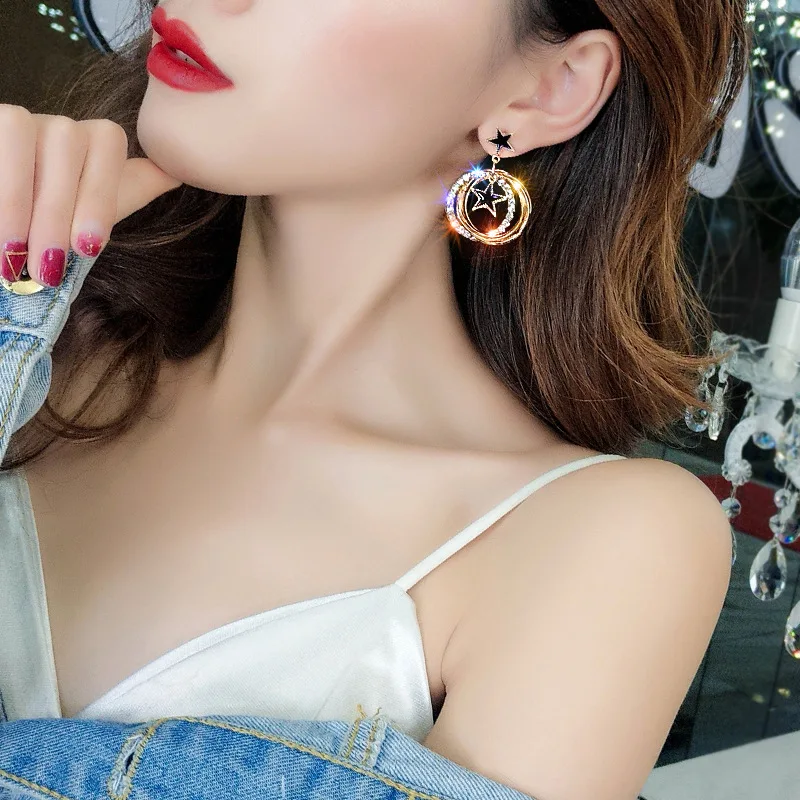 Серебряные серьги S925 с подвижными звездами многослойные из австрийских колец