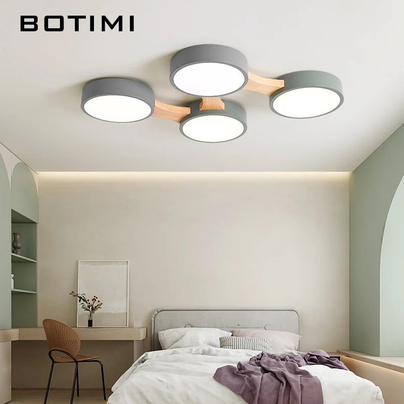 BOTIMI 220V светодиодный потолочный светильник s с круглым металлическим абажуром для гостиной современный поверхностный потолочный светильник Деревянный светильник для спальни