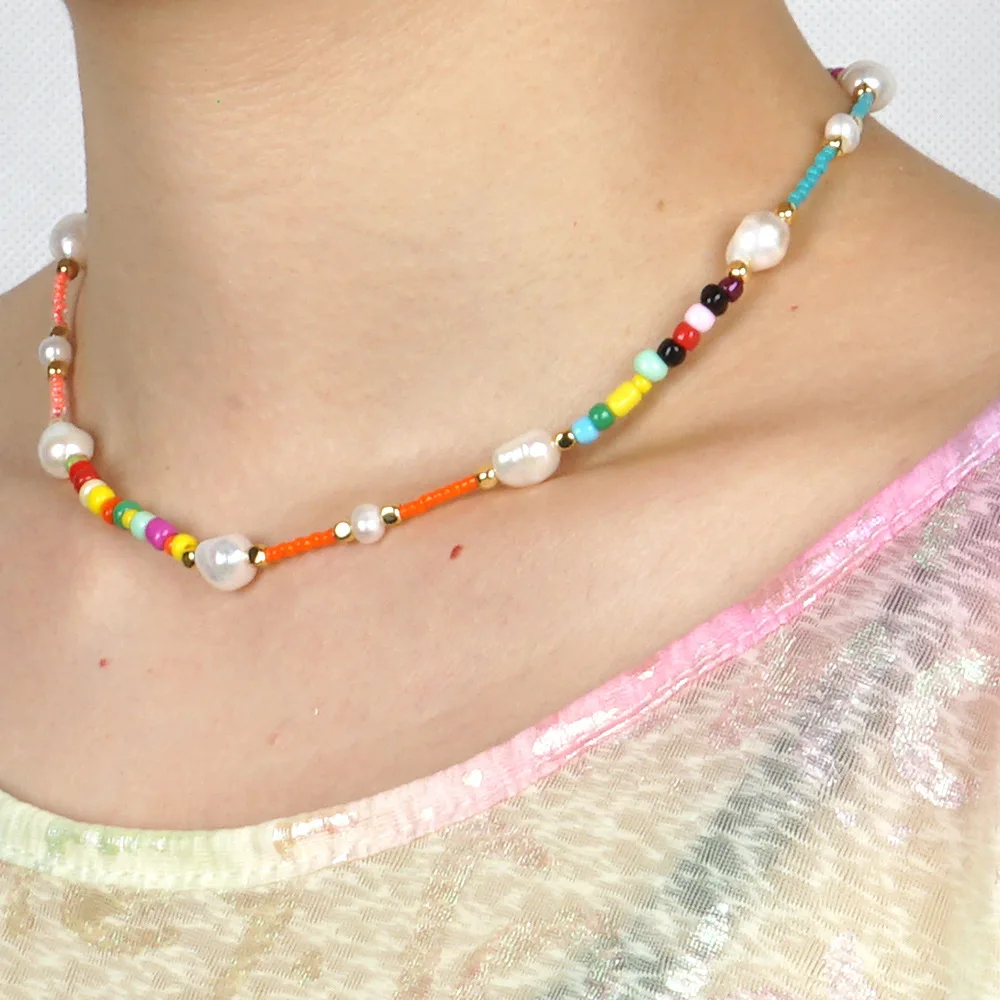 

Bohemian Creative Nature Pearl Ladies Necklace Glass Mixcolor Rainbow Seed Beaded Choker For Women Classical Jewelry Travel Gift