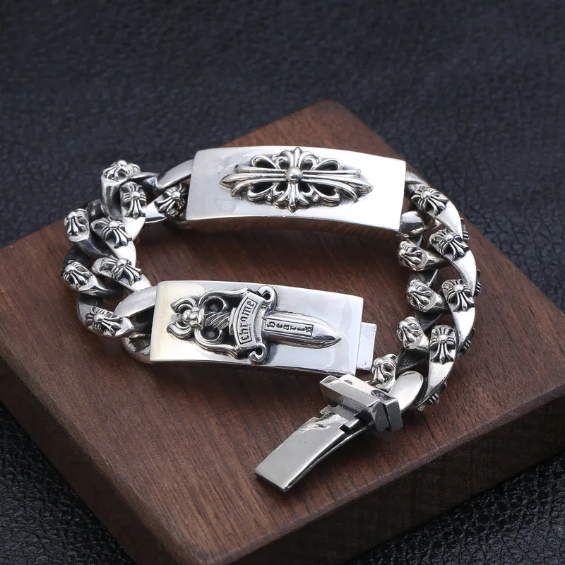 

S925 sterling silver trendy creative cross bracelet thai silver personalized overbearing holy sword men's hundred match bracelet