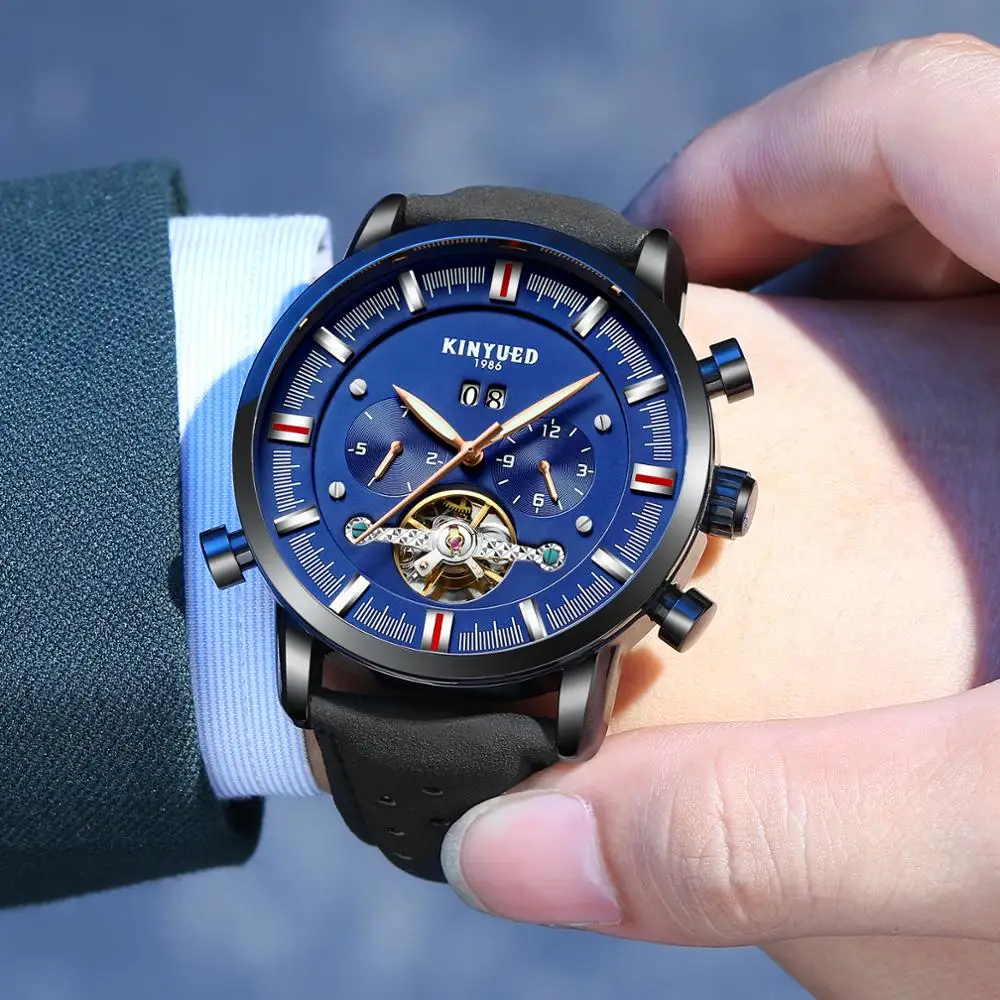 

KINYUED Top Brand Mens Mechanical Watches Luxury Tourbillon Automatic Watch Men Skeleton Calendar Sports Relogio Masculino 2019