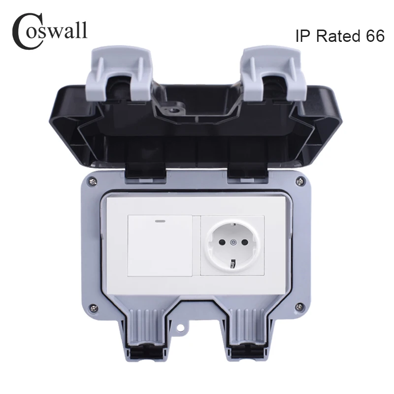 

Coswall IP66 Weatherproof Waterproof Outdoor Wall Power Socket 16A EU Standard Outlet With 1 Gang 1 Way On / Off Light Switch