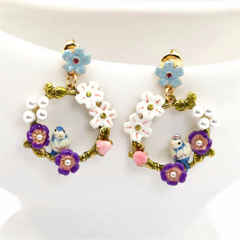 

European and American Lovebird Series Blue Tit S925 Silver Needle Earrings Color Flower Pearl Asymmetric Pastoral Stud Earrings