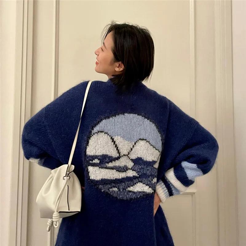 

Blue Snowflake Knitted Cardigan Women's Loose and Lazy Mid Long Sweater Coat
